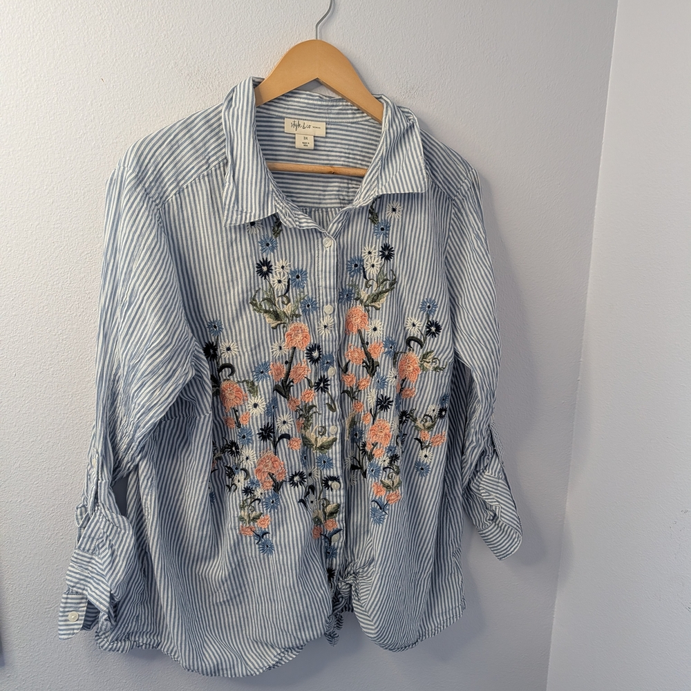 Style & Co Blue & White Striped Embroidered Button-Up Shirt |‎ 3X